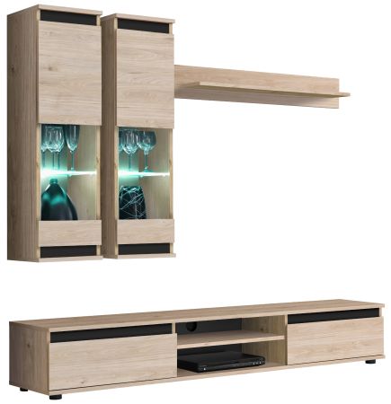 Wohnwand Trigger in Hickory Eiche und schwarz Schrankwand 4-teilig 175 cm, inkl. LED
