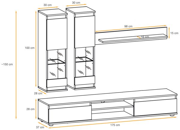 Wohnwand Trigger in Hickory Eiche und schwarz Schrankwand 4-teilig 175 cm, inkl. LED