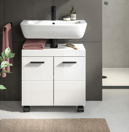 Waschbeckenunterschrank Talerno in wei� Hochglanz, Badschrank 60 x 58 cm auf Rollen