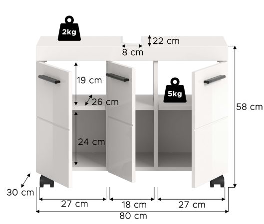Waschbeckenunterschrank Talerno in Wei� Hochglanz, Badschrank 3-t�rig 80 x 58 cm auf Rollen