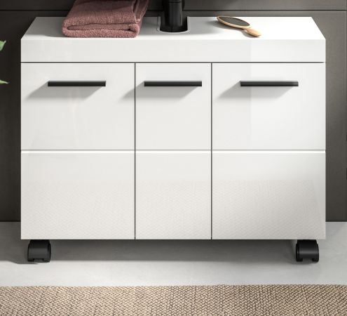Waschbeckenunterschrank Talerno in Wei� Hochglanz, Badschrank 3-t�rig 80 x 58 cm auf Rollen