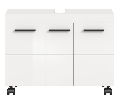 Waschbeckenunterschrank Talerno in Wei� Hochglanz, Badschrank 3-t�rig 80 x 58 cm auf Rollen