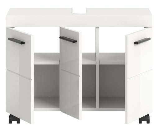 Waschbeckenunterschrank Talerno in Wei� Hochglanz, Badschrank 3-t�rig 80 x 58 cm auf Rollen