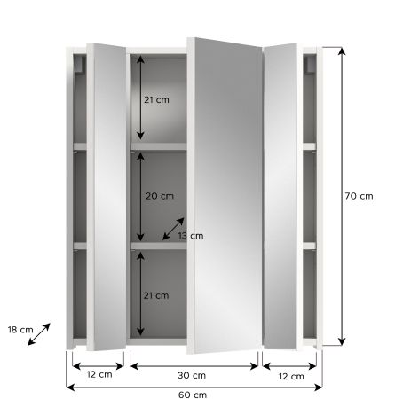 Badezimmer Spiegelschrank Talerno in Wei� 3-t�rig, Badschrank 60 x 70 cm