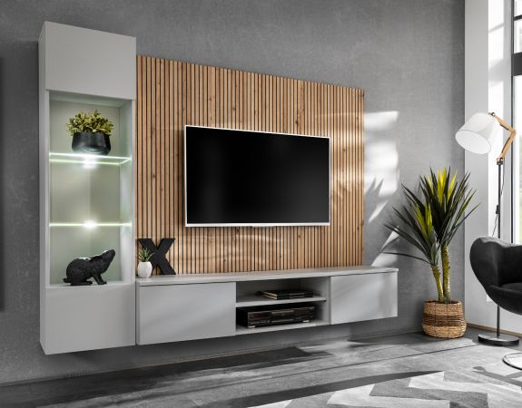 Wohnwand iLike in Hellgrau und Artisan Eiche 200 cm, inklusive LED Beleuchtung und Push-to-Open