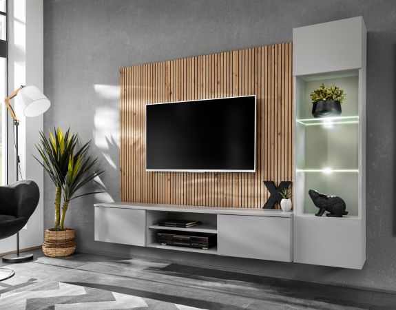 Wohnwand iLike in Hellgrau und Artisan Eiche 200 cm, inklusive LED Beleuchtung und Push-to-Open