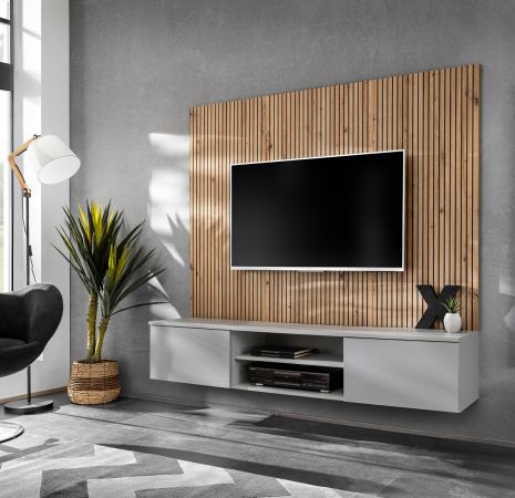 TV-Lowboard Set iLike in hellem Grau und Artisan Eiche 160 cm, Flat-TV Unterschrank mit Akustikpaneel