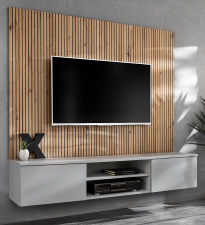 TV-Lowboard Set iLike in hellem Grau und Artisan Eiche 160 cm, Flat-TV Unterschrank mit Akustikpaneel
