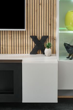 Wohnwand iLike 200 cm in Hellgrau mit Schwarz und Artisan Eiche, inklusive Ethanol Kamin und Beleuchtung