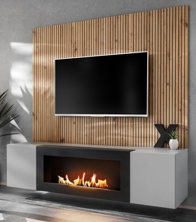 TV-Lowboard Set iLike in hellem Grau mit schwarz und Eiche Artisan, Set mit Akustikpaneel und Ethanol Kamin