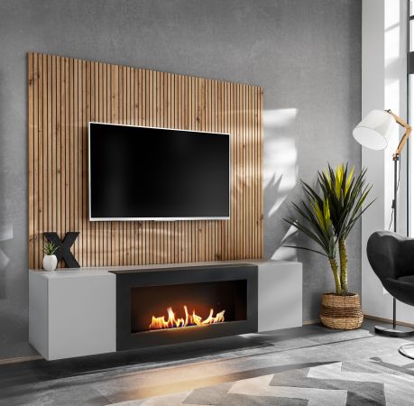 TV-Lowboard Set iLike in hellem Grau mit schwarz und Eiche Artisan, Set mit Akustikpaneel und Ethanol Kamin