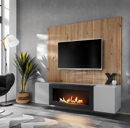 TV-Lowboard Set iLike in hellem Grau mit schwarz und Eiche Artisan, Set mit Akustikpaneel und Ethanol Kamin