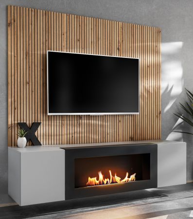 TV-Lowboard Set iLike in hellem Grau mit schwarz und Eiche Artisan, Set mit Akustikpaneel und Ethanol Kamin