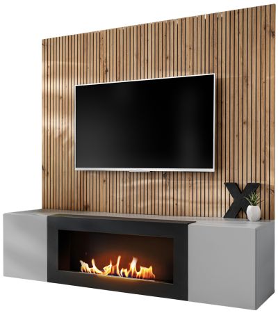TV-Lowboard Set iLike in hellem Grau mit schwarz und Eiche Artisan, Set mit Akustikpaneel und Ethanol Kamin