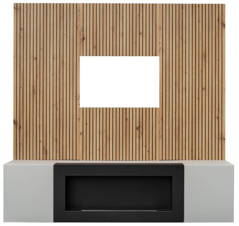 TV-Lowboard Set iLike in hellem Grau mit schwarz und Eiche Artisan, Set mit Akustikpaneel und Ethanol Kamin