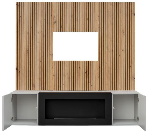 TV-Lowboard Set iLike in hellem Grau mit schwarz und Eiche Artisan, Set mit Akustikpaneel und Ethanol Kamin