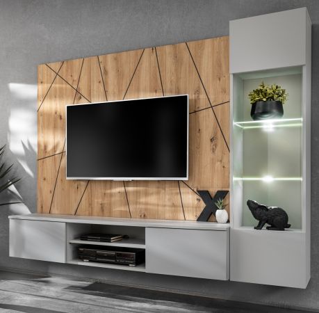 Wohnwand iLike in hellem Grau und Eiche Artisan Breite 200 cm, mit Beleuchtung, Push-To-Open und Soft-Close