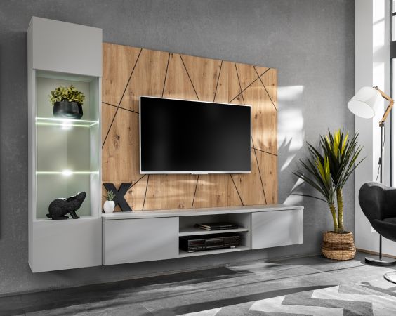 Wohnwand iLike in hellem Grau und Eiche Artisan Breite 200 cm, mit Beleuchtung, Push-To-Open und Soft-Close