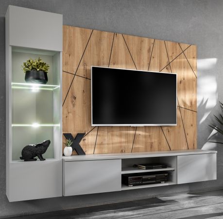 Wohnwand iLike in hellem Grau und Eiche Artisan Breite 200 cm, mit Beleuchtung, Push-To-Open und Soft-Close