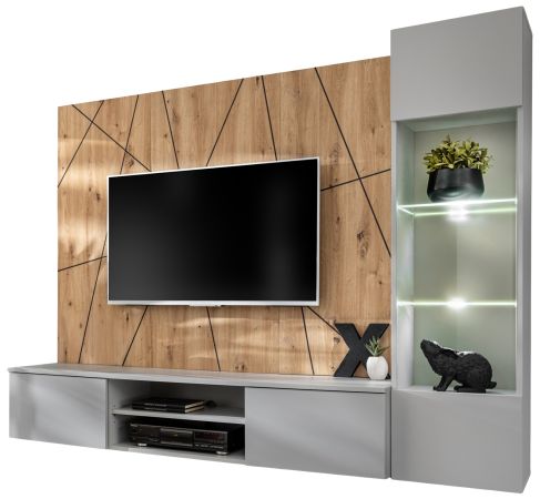 Wohnwand iLike in hellem Grau und Eiche Artisan Breite 200 cm, mit Beleuchtung, Push-To-Open und Soft-Close
