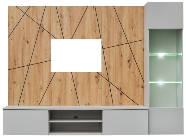 Wohnwand iLike in hellem Grau und Eiche Artisan Breite 200 cm, mit Beleuchtung, Push-To-Open und Soft-Close