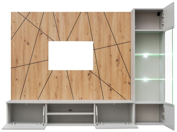 Wohnwand iLike in hellem Grau und Eiche Artisan Breite 200 cm, mit Beleuchtung, Push-To-Open und Soft-Close
