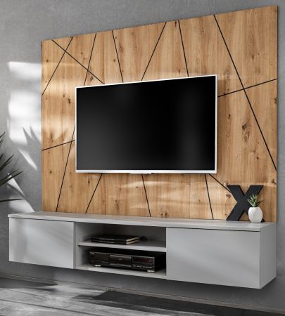 TV-Lowboard Set iLike in hellem Grau und Artisan Eiche 160 cm, Flat-TV Unterschrank mit Wandpaneel