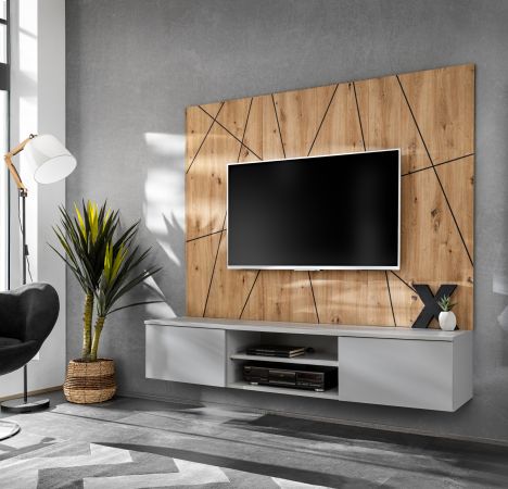 TV-Lowboard Set iLike in hellem Grau und Artisan Eiche 160 cm, Flat-TV Unterschrank mit Wandpaneel