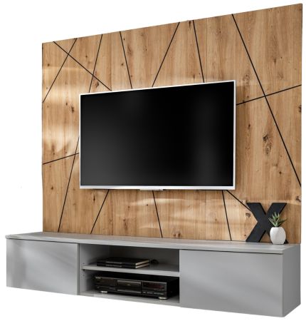 TV-Lowboard Set iLike in hellem Grau und Artisan Eiche 160 cm, Flat-TV Unterschrank mit Wandpaneel