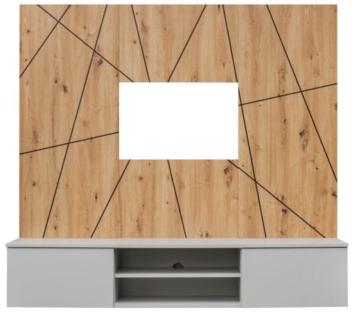 TV-Lowboard Set iLike in hellem Grau und Artisan Eiche 160 cm, Flat-TV Unterschrank mit Wandpaneel