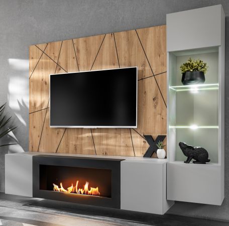 Wohnwand iLike in hellgrau, schwarz und Artisan Eiche TV Unterteil mit Bio Ethanol Kamin 200 cm inklusive LED
