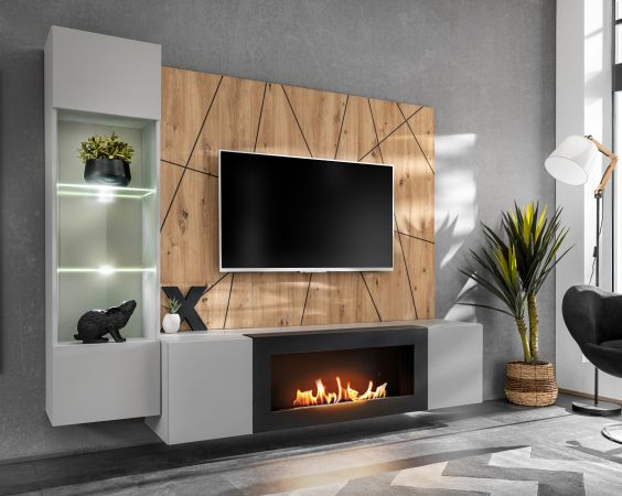 Wohnwand iLike in hellgrau, schwarz und Artisan Eiche TV Unterteil mit Bio Ethanol Kamin 200 cm inklusive LED