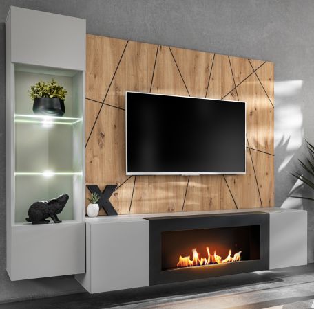 Wohnwand iLike in hellgrau, schwarz und Artisan Eiche TV Unterteil mit Bio Ethanol Kamin 200 cm inklusive LED
