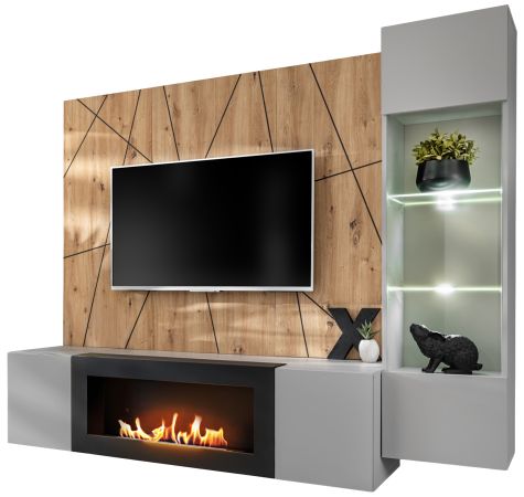 Wohnwand iLike in hellgrau, schwarz und Artisan Eiche TV Unterteil mit Bio Ethanol Kamin 200 cm inklusive LED