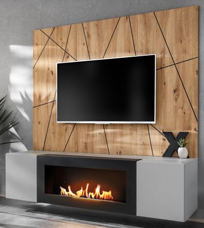 TV-Lowboard Set iLike hellgrau, schwarz und Artisan Eiche TV Unterteil mit Bio Ethanol Kamin und Akustikpaneel 160 cm