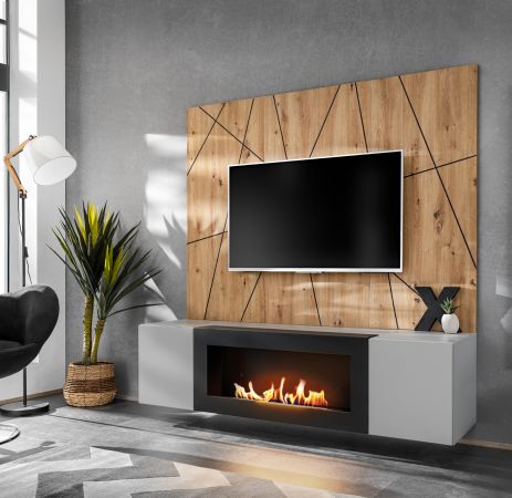 TV-Lowboard Set iLike hellgrau, schwarz und Artisan Eiche TV Unterteil mit Bio Ethanol Kamin und Akustikpaneel 160 cm