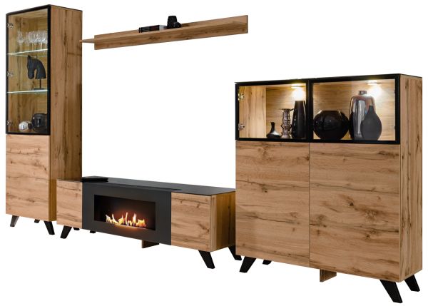 Wohnwand Heritage in Wotan Eiche und schwarz Schrankwand inklusive Kamin und LED Beleuchtung, 330 cm
