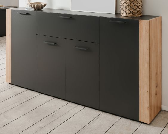 Sideboard Kampen in dunklem Grau / Anthrazit mit Artisan Eiche, 4-t�rig 162 x 85 cm