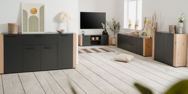 Sideboard Kampen in dunklem Grau / Anthrazit mit Artisan Eiche, 4-t�rig 162 x 85 cm