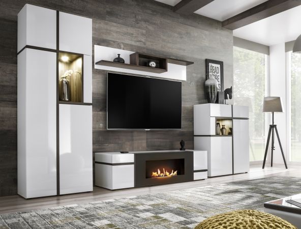 Wohnwand Lovely in wei� Hochglanz und Ulme Schrankwand mit Ethanol Kamin, inkl. Beleuchtung