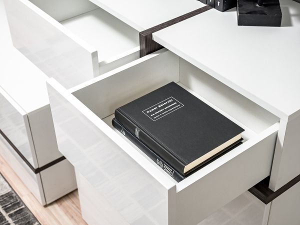 Wohnwand Lovely in wei� Hochglanz und Ulme Schrankwand mit Ethanol Kamin, inkl. Beleuchtung