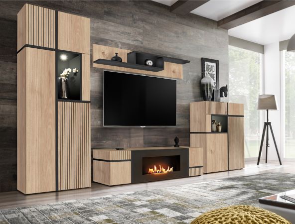 Wohnwand Lovely in Hickory Eiche und schwarz Schrankwand mit Ethanol Kamin, inkl. Beleuchtung