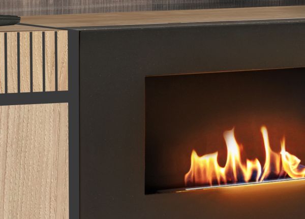 Wohnwand Lovely in Hickory Eiche und schwarz Schrankwand mit Ethanol Kamin, inkl. Beleuchtung