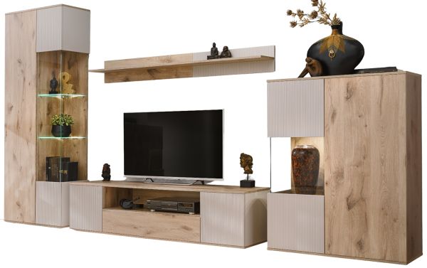 Wohnwand Cathlyn Eiche und Kaschmir, Schrankwand 4-teilig inkl. Beleuchtung 350 x 197 cm