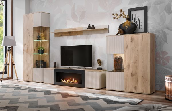 Wohnwand Cathlyn Eiche und Kaschmir, Schrankwand mit Ethanol Kamin, inkl. LED, 350 x 197 cm