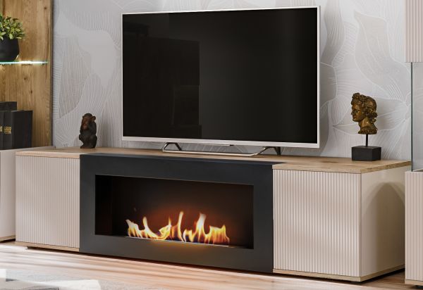 TV-Lowboard Cathlyn in Eiche und Kaschmir, Flat-TV Unterschrank mit Ethanol Kamin, 160 cm