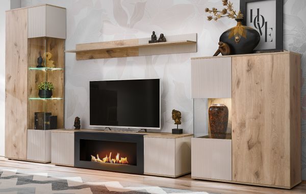 TV-Lowboard Cathlyn in Eiche und Kaschmir, Flat-TV Unterschrank mit Ethanol Kamin, 160 cm