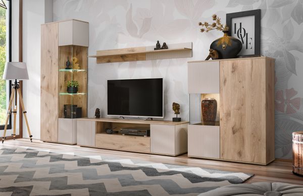Highboard Cathlyn in Eiche und Kaschmir, Vitrine 90 x 120 cm inklusive LED