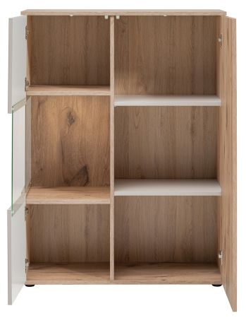 Highboard Cathlyn in Eiche und Kaschmir, Vitrine 90 x 120 cm inklusive LED