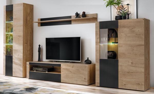 TV-Lowboard Heron Eiche und Schwarz 160 cm, TV Unterschrank mit Fr�sungen und Soft-Close